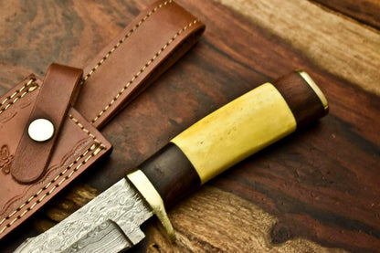 12.5" Damascus Bowie Knife – Camel Bone Handle & Leather Sheath