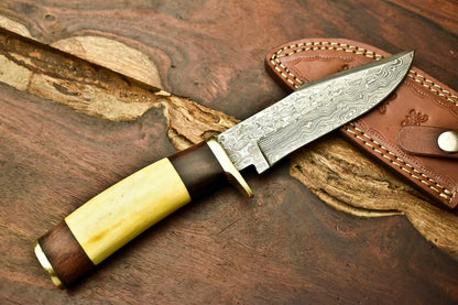 12.5" Damascus Bowie Knife – Camel Bone Handle & Leather Sheath