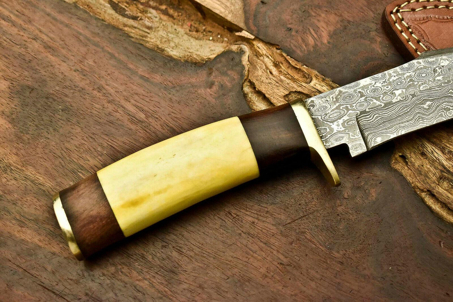 12.5" Damascus Bowie Knife – Camel Bone Handle & Leather Sheath
