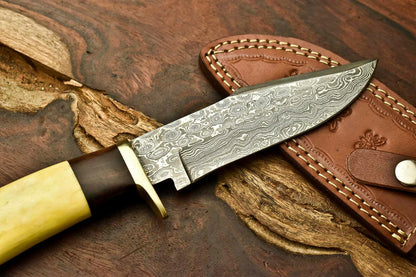 12.5" Damascus Bowie Knife – Camel Bone Handle & Leather Sheath