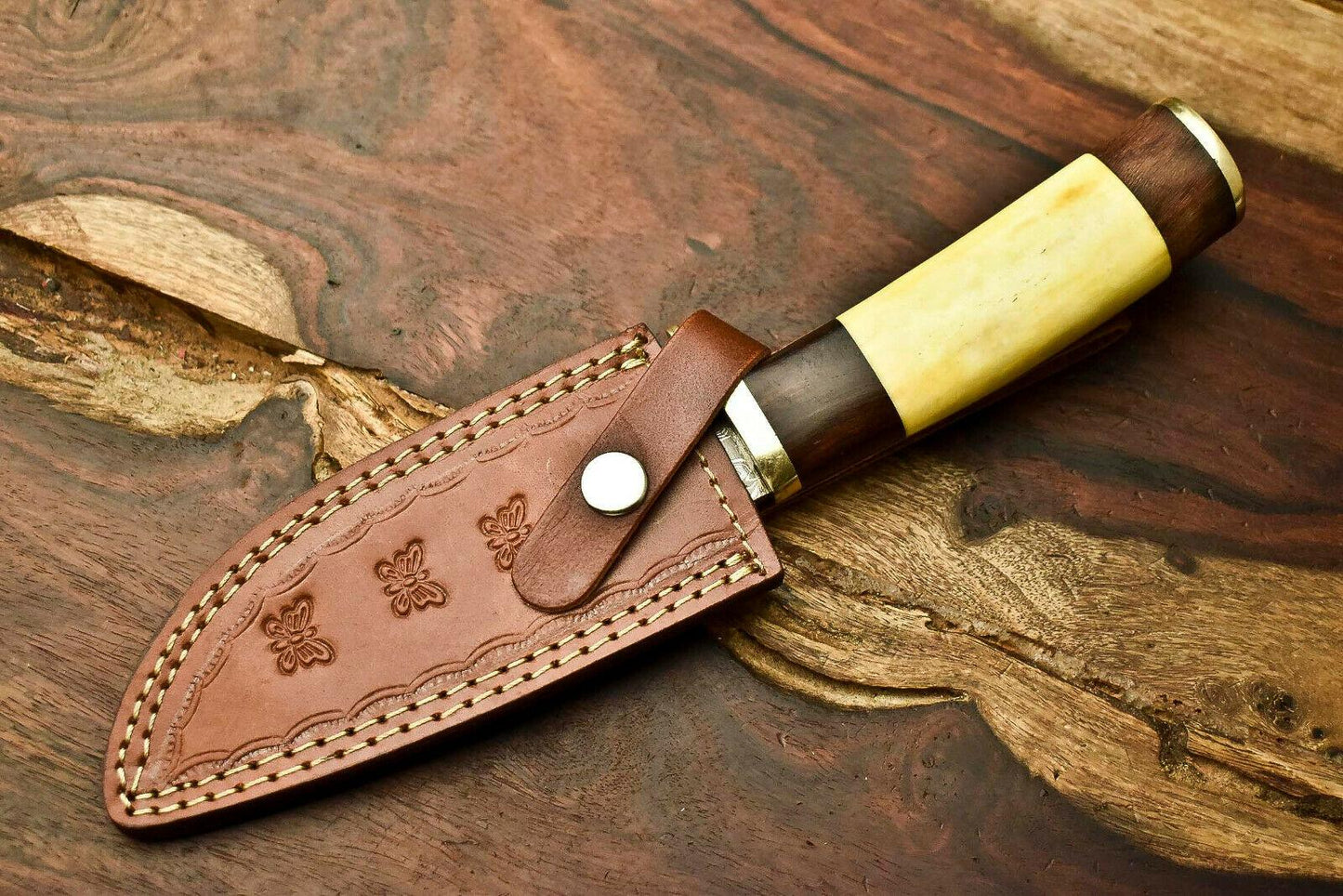 12.5" Damascus Bowie Knife – Camel Bone Handle & Leather Sheath