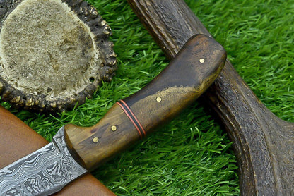 9 Inch Custom Damascus Steel Hunting Knife with Natural Wood Handle and Sheath