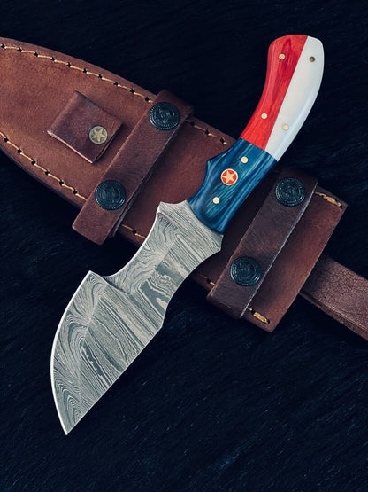9" Twist Pattern Damascus Tanto Knife – Camel Bone & Wood Handle