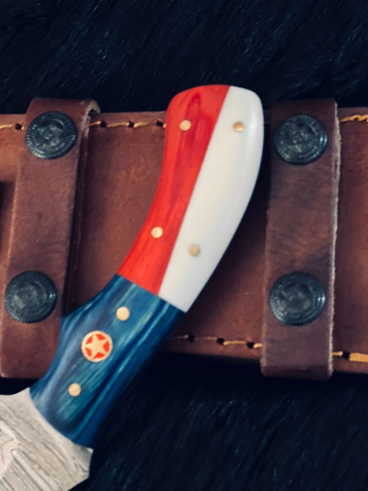 9" Twist Pattern Damascus Tanto Knife – Camel Bone & Wood Handle