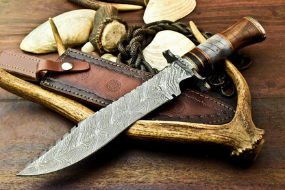 14" Handmade Damascus Bowie Knife – Camel Bone Handle, Leather Sheath