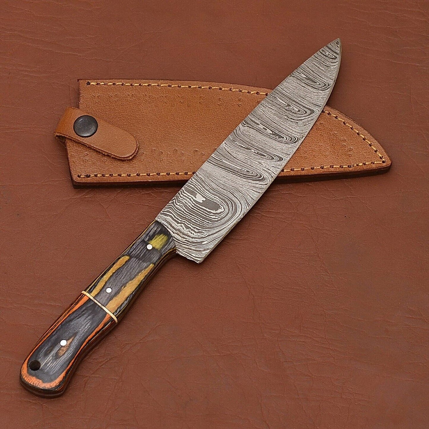 Hand-Forged Damascus Steel Chef Kitchen Knife | 12" Full Tang Wood Handle with Leather Sheath