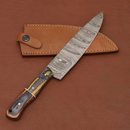 Hand-Forged Damascus Steel Chef Kitchen Knife | 12" Full Tang Wood Handle with Leather Sheath