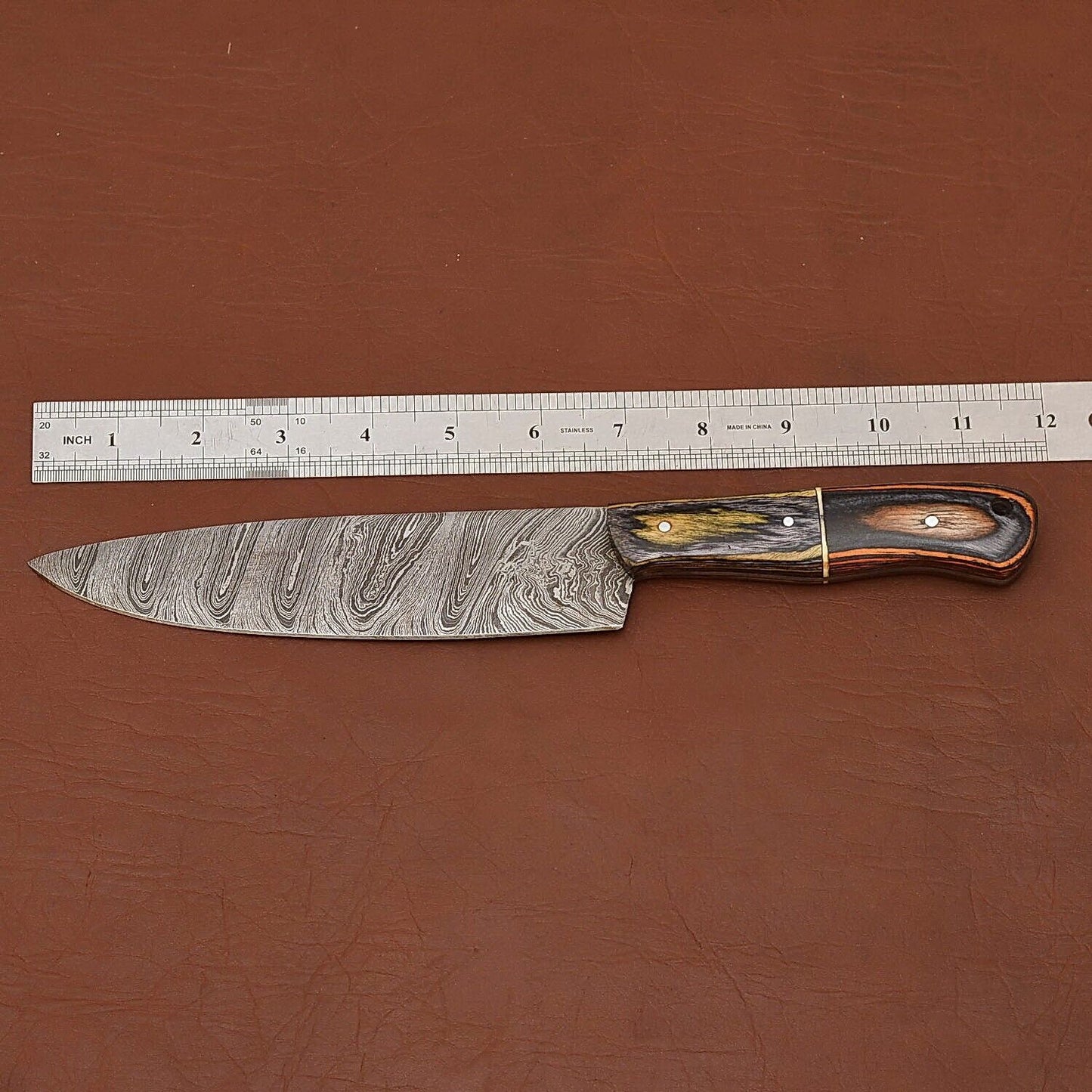 Hand-Forged Damascus Steel Chef Kitchen Knife | 12" Full Tang Wood Handle with Leather Sheath