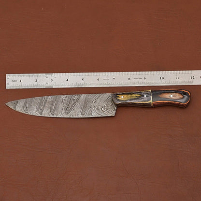 Hand-Forged Damascus Steel Chef Kitchen Knife | 12" Full Tang Wood Handle with Leather Sheath