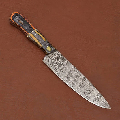 Hand-Forged Damascus Steel Chef Kitchen Knife | 12" Full Tang Wood Handle with Leather Sheath