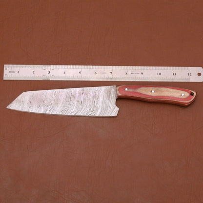 Premium Handmade Damascus Steel Chef Knife | 12" Kitchen Knife with Wooden Handle & Leather Sheath