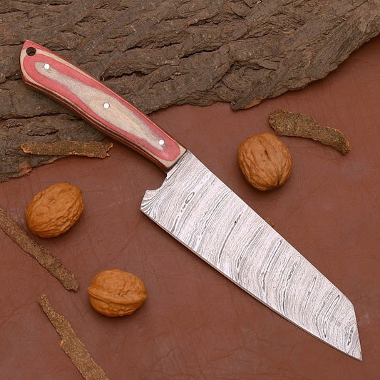 Premium Handmade Damascus Steel Chef Knife | 12" Kitchen Knife with Wooden Handle & Leather Sheath