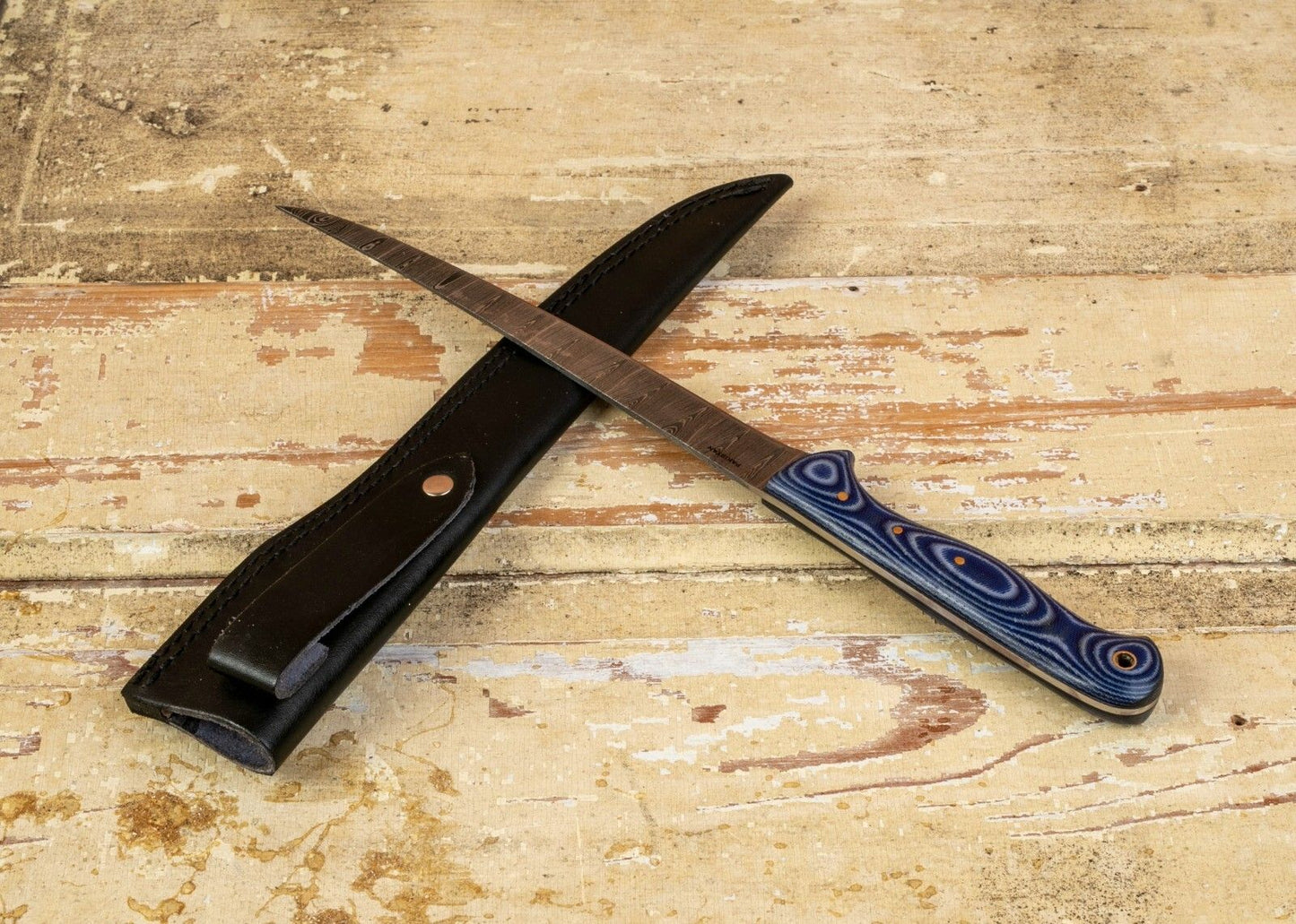 12.7” Custom Fillet Knife Damascus Fillet Knife with Micarta Handle & Leather Sheath