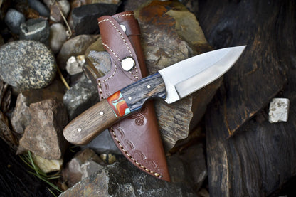 Handmade Skinner Knife | 440C Steel | Mixed Material Handle & Wooden Bolster | 8.5" EDC Hunting Knife