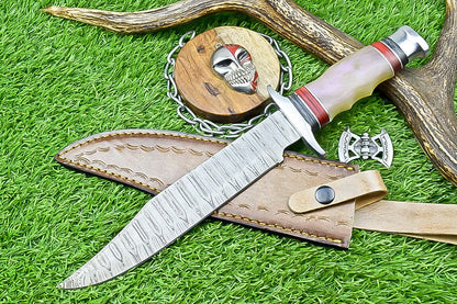 14" Premium Handmade Damascus Steel Bowie Knife – Outdoor Hunting Knife with Leather Sheath