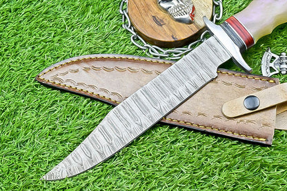 14" Premium Handmade Damascus Steel Bowie Knife – Outdoor Hunting Knife with Leather Sheath