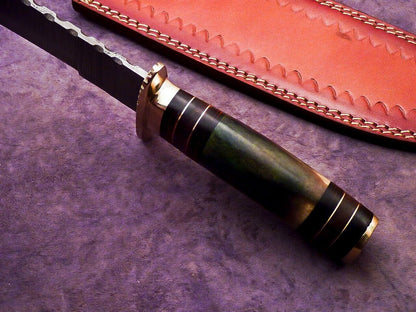 16 Inch Handmade Damascus Steel Bowie Knife with Camel Bone and Hardwood Handle by Heritage Forge