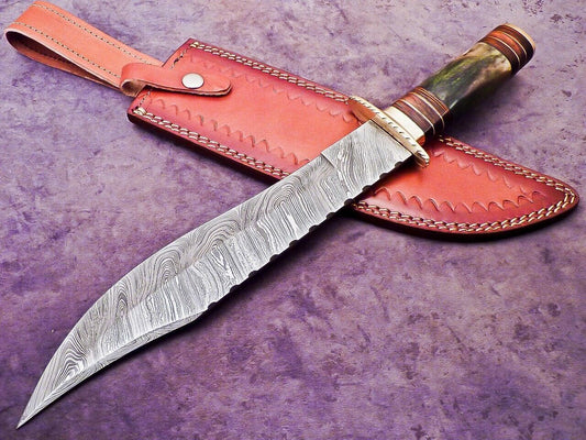 16 Inch Handmade Damascus Steel Bowie Knife with Camel Bone and Hardwood Handle by Heritage Forge