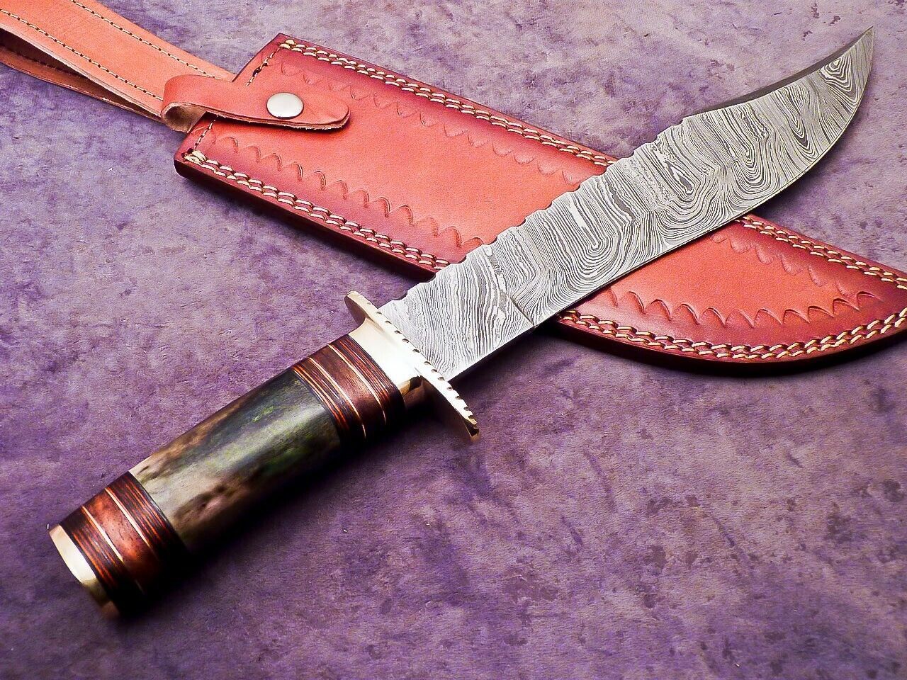 16 Inch Handmade Damascus Steel Bowie Knife with Camel Bone and Hardwood Handle by Heritage Forge