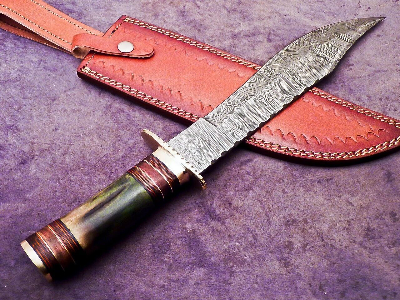 16 Inch Handmade Damascus Steel Bowie Knife with Camel Bone and Hardwood Handle by Heritage Forge
