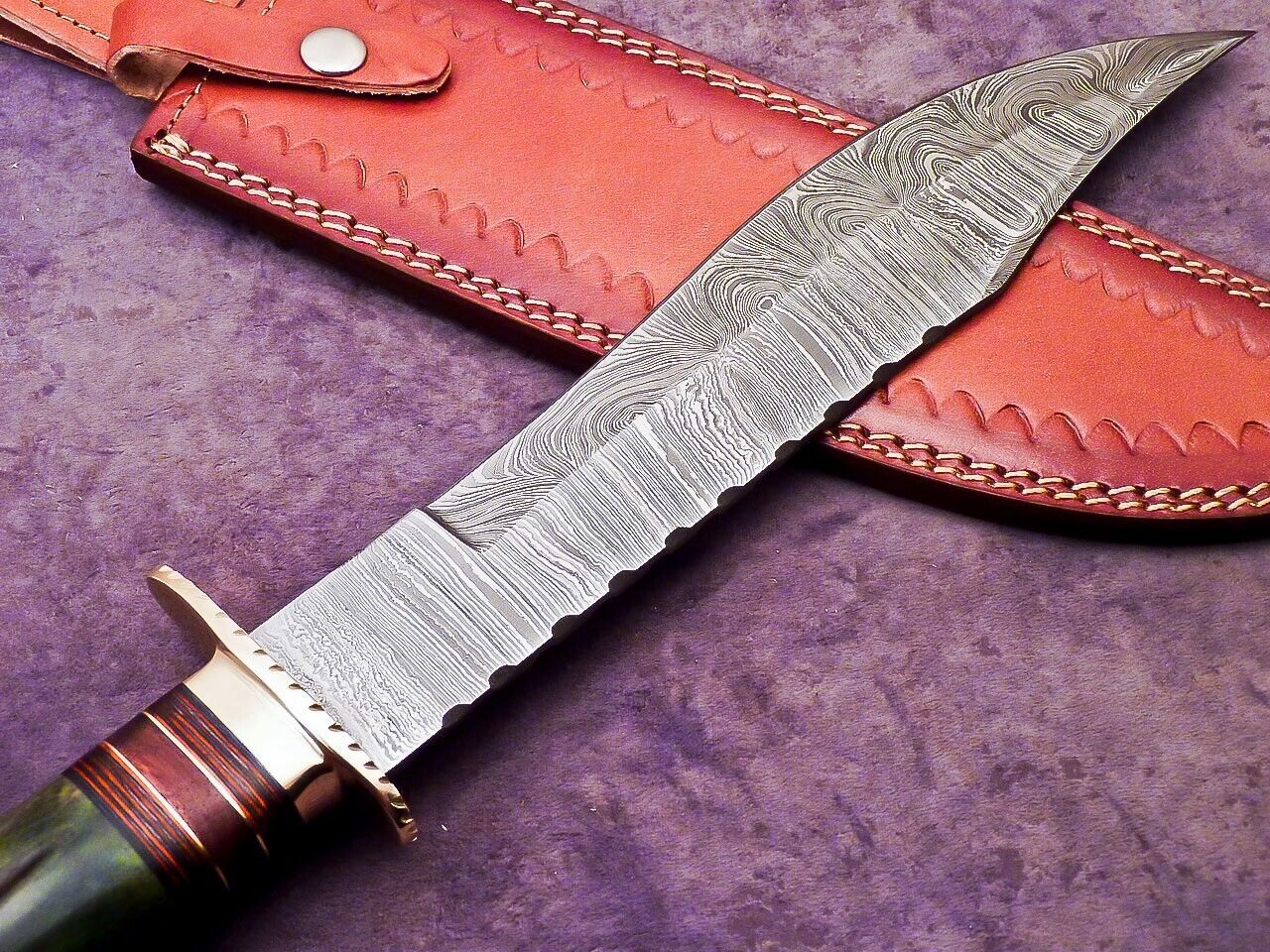 16 Inch Handmade Damascus Steel Bowie Knife with Camel Bone and Hardwood Handle by Heritage Forge