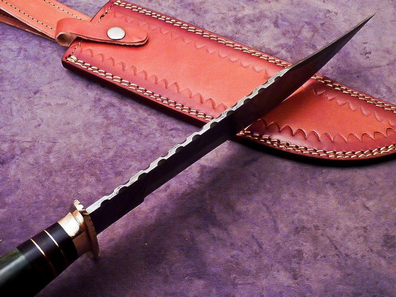 16 Inch Handmade Damascus Steel Bowie Knife with Camel Bone and Hardwood Handle by Heritage Forge