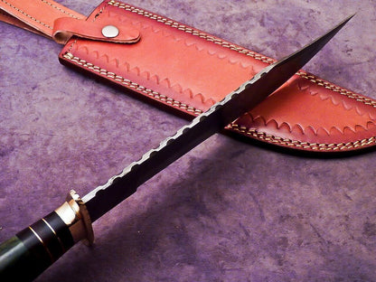 16 Inch Handmade Damascus Steel Bowie Knife with Camel Bone and Hardwood Handle by Heritage Forge