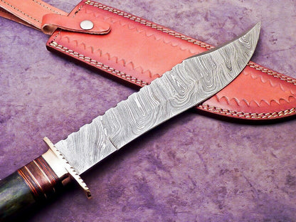 16 Inch Handmade Damascus Steel Bowie Knife with Camel Bone and Hardwood Handle by Heritage Forge