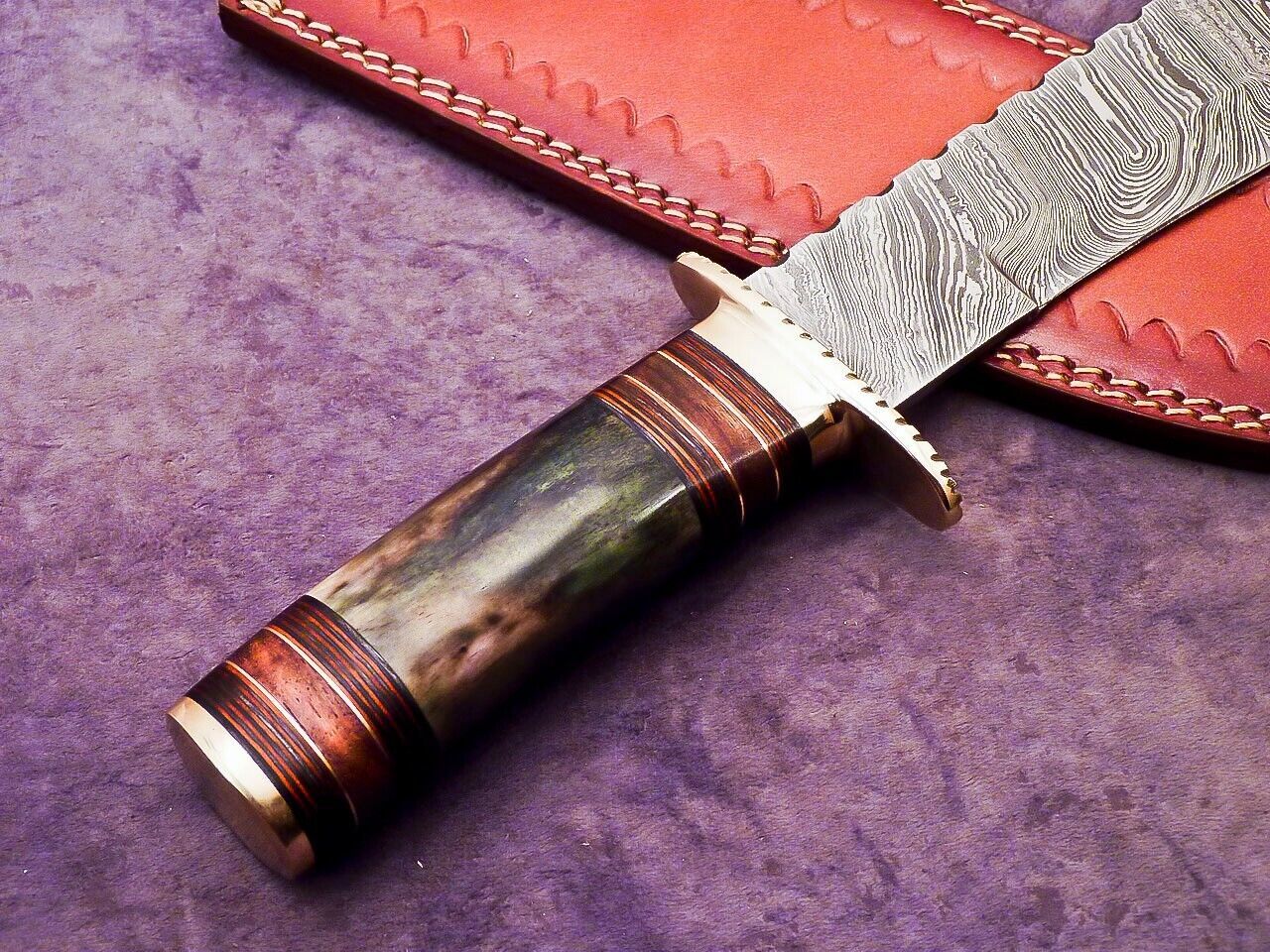 16 Inch Handmade Damascus Steel Bowie Knife with Camel Bone and Hardwood Handle by Heritage Forge