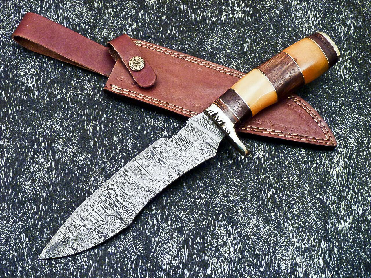 Titan Fang 13 Inch Damascus Bowie Knife | Stained Bone Handle with Leather Sheath
