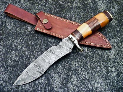 Titan Fang 13 Inch Damascus Bowie Knife | Stained Bone Handle with Leather Sheath