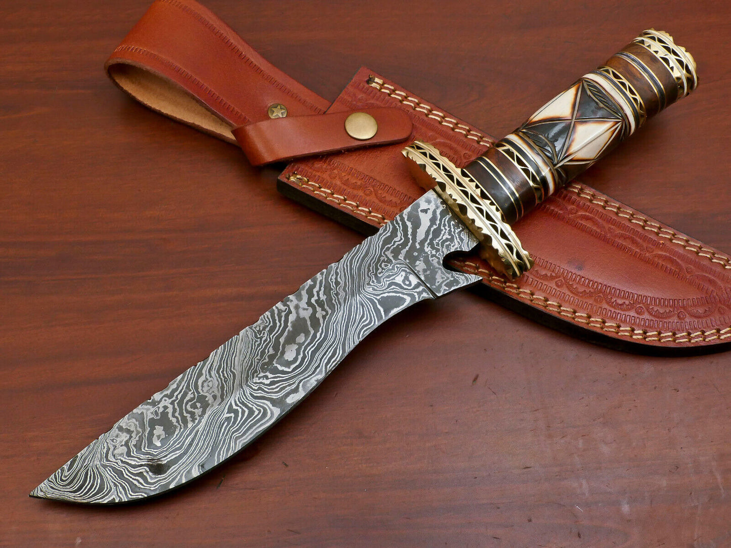 13" Custom Handmade Damascus Bowie Hunting Knife – Camel Bone & Rose Wood Handle with Brass Guard