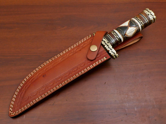 13" Custom Handmade Damascus Bowie Hunting Knife – Camel Bone & Rose Wood Handle with Brass Guard