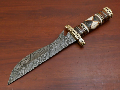 13" Custom Handmade Damascus Bowie Hunting Knife – Camel Bone & Rose Wood Handle with Brass Guard