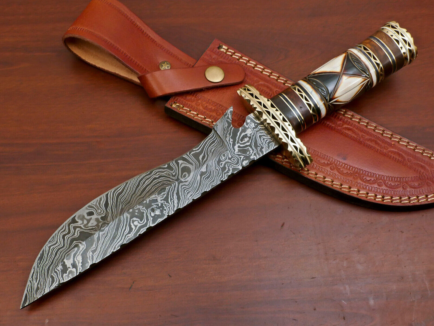 13" Custom Handmade Damascus Bowie Hunting Knife – Camel Bone & Rose Wood Handle with Brass Guard