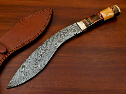 15" Handmade Damascus Khukri Bowie Knife – Stained Camel Bone & Pakka Wood