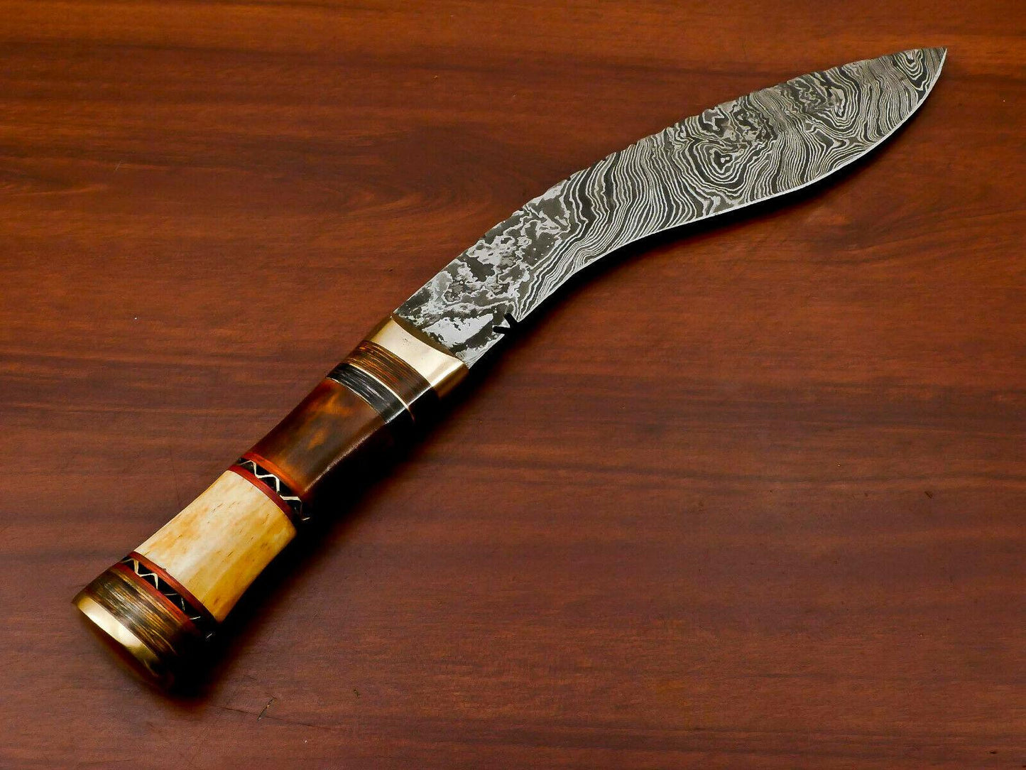 15" Handmade Damascus Khukri Bowie Knife – Stained Camel Bone & Pakka Wood