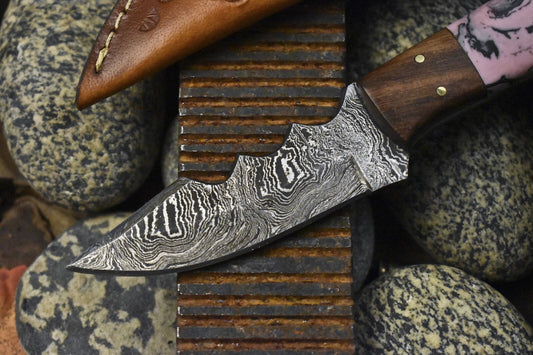 Handmade Twist Damascus Skinner Knife with Micarta Handle and Wooden Bolster – EDC Fixed Blade Hunting Knife