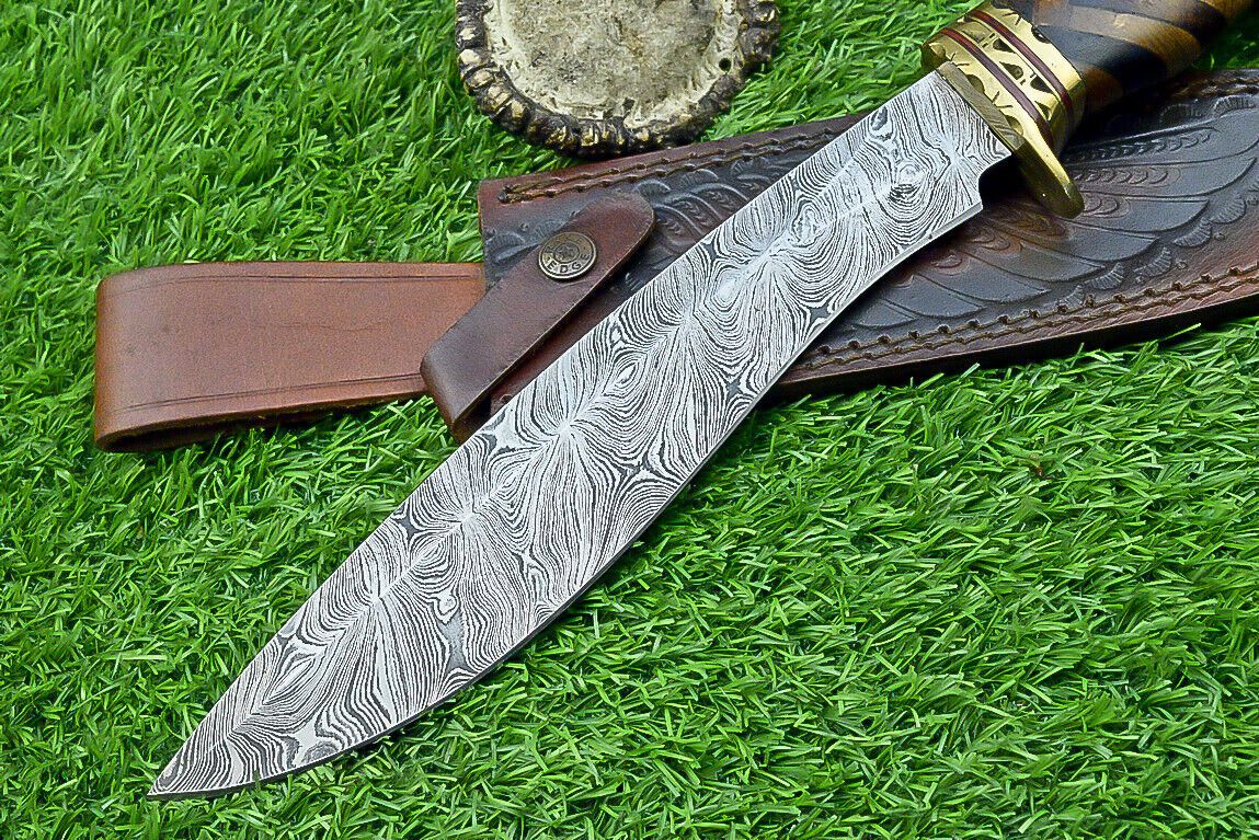 Hand Forged Damascus Bowie Knife with Natural Wood Handle and Brass Bolster 14.5 Inches