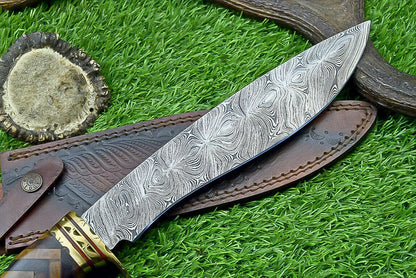 Hand Forged Damascus Bowie Knife with Natural Wood Handle and Brass Bolster 14.5 Inches