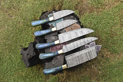 Hand Forged Twist Damascus Chef Knife Set of 5 – Hardwood Handle, Hunting & Kitchen Use