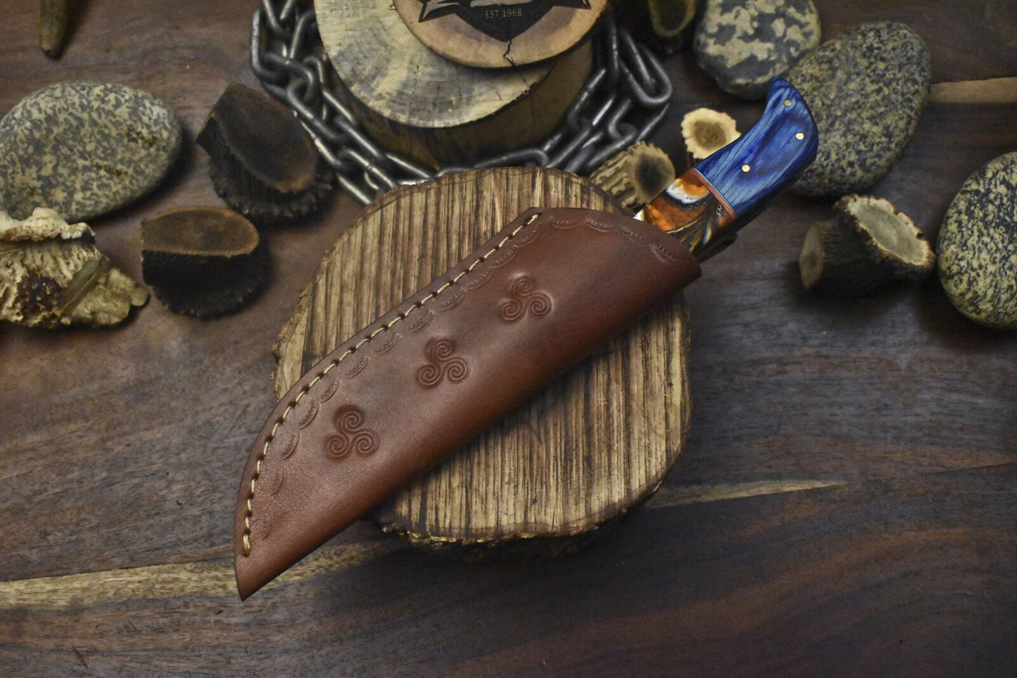 Twist Damascus Skinner Knife with Mixed Handle – Razor Sharp Custom Hunting Blade