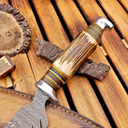 12 Inch Stag Horn Handle Damascus Bowie Knife with Leather Sheath