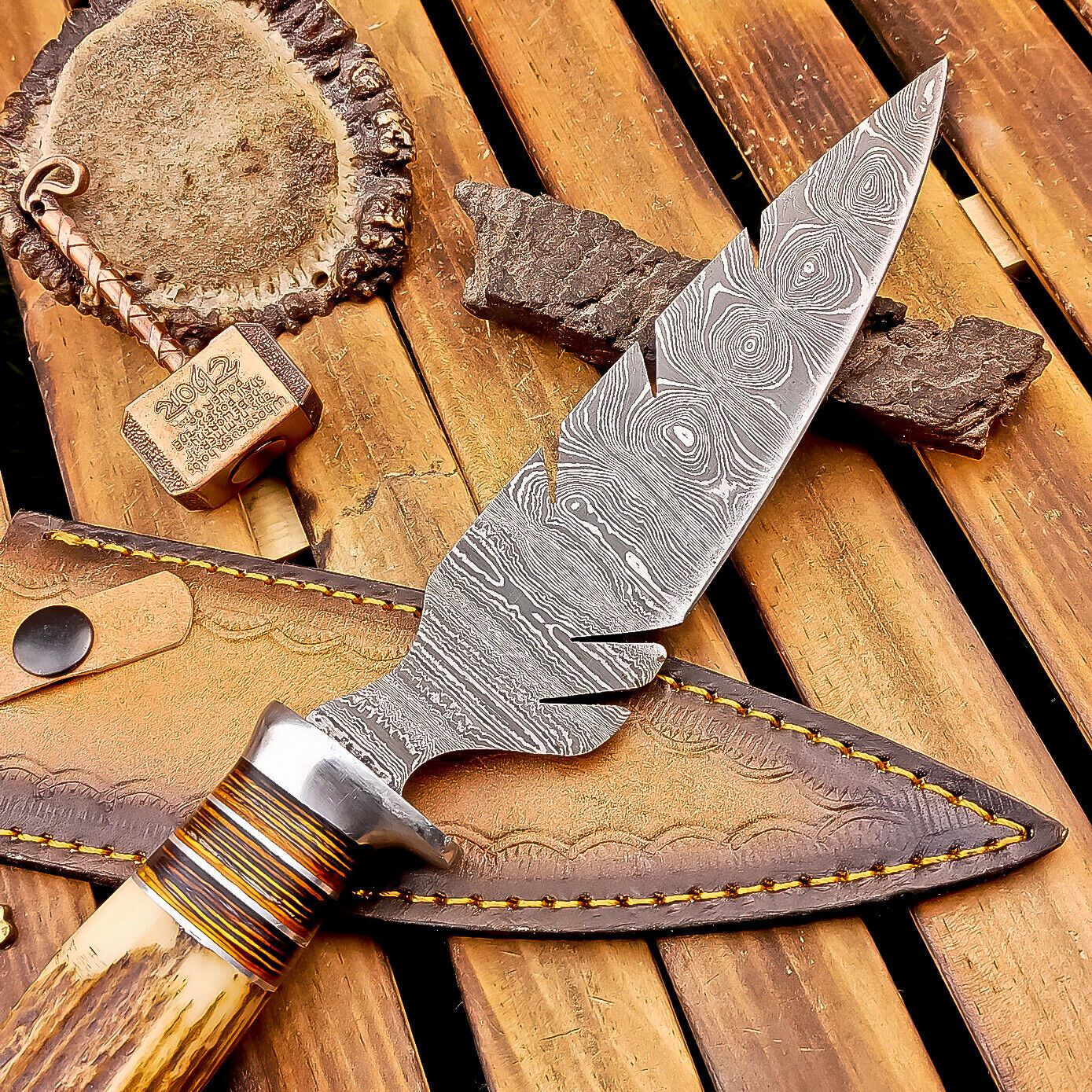12 Inch Stag Horn Handle Damascus Bowie Knife with Leather Sheath