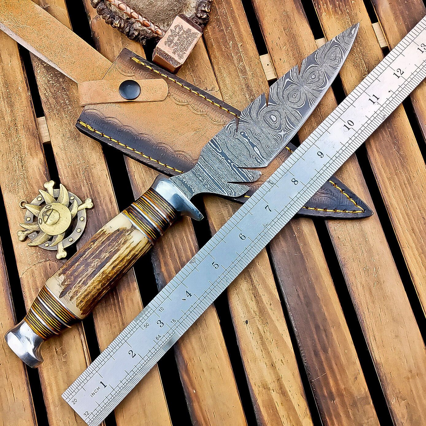 12 Inch Stag Horn Handle Damascus Bowie Knife with Leather Sheath