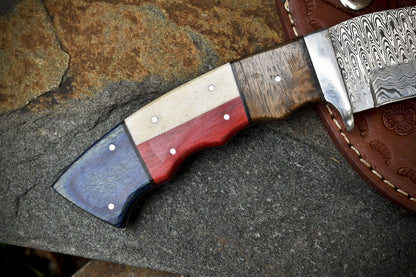 Ladder Damascus Skinner Knife Bone and Wood Handle with Steel Guard – Handmade Hunting Gift