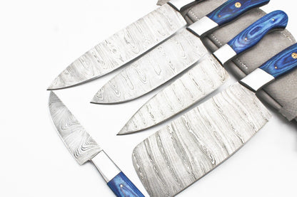 Handmade Damascus Chef Set of 5 Chef Knife Kitchen With Leather Sheath