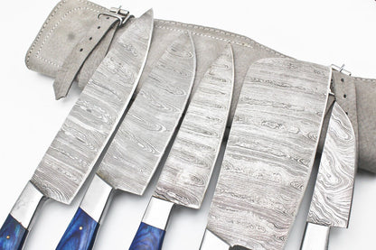 Handmade Damascus Chef Set of 5 Chef Knife Kitchen With Leather Sheath