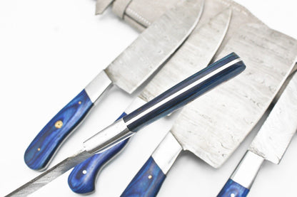 Handmade Damascus Chef Set of 5 Chef Knife Kitchen With Leather Sheath