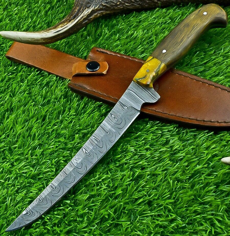 Hand Forged Damascus Steel Fillet Knife – Chef, Kitchen, Hunting & Camping Knife with Resin & Natural Wood Handle